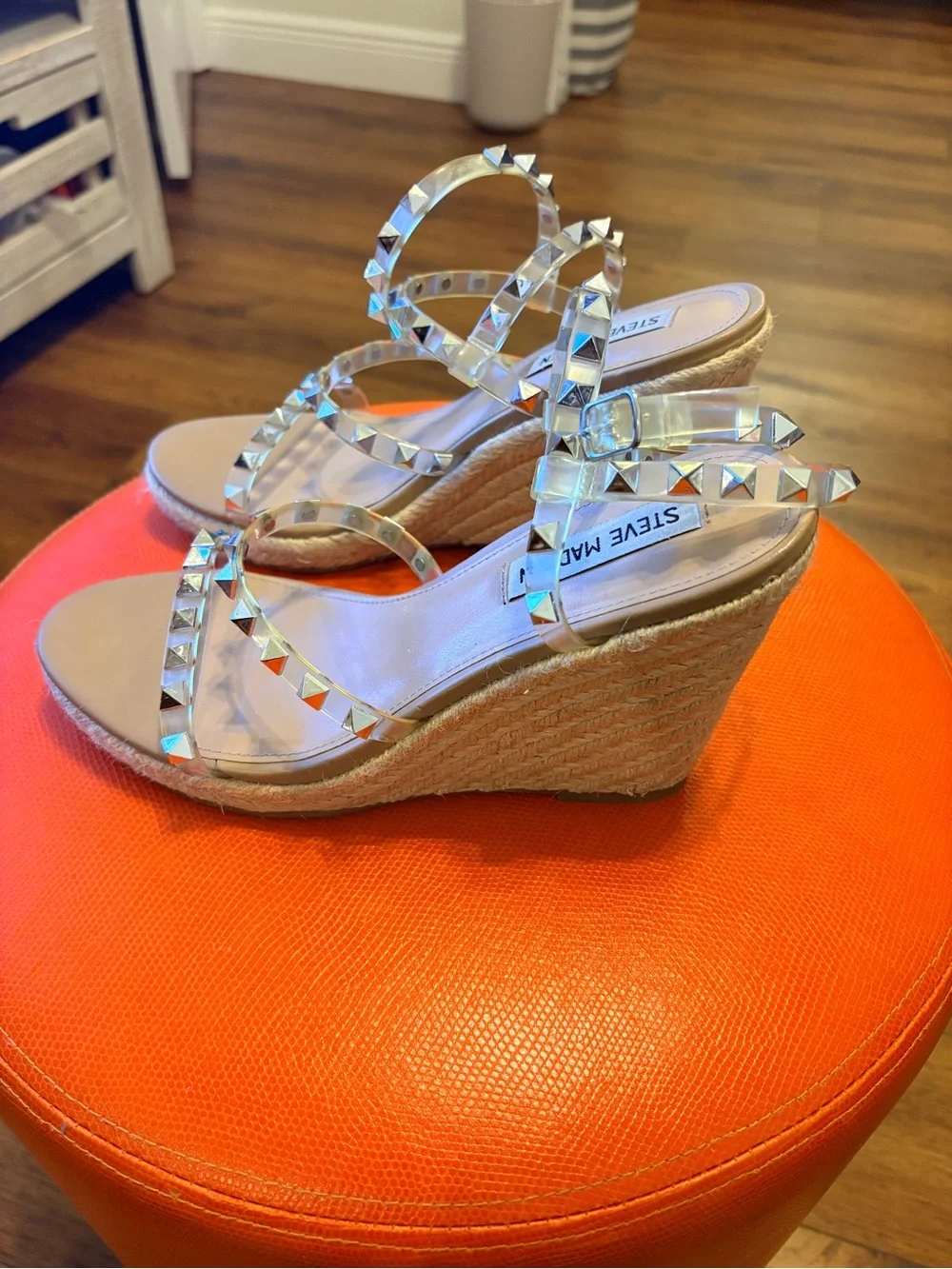 Steve Madden Clear Studded Espadrille Wedges with Metallic Accents
